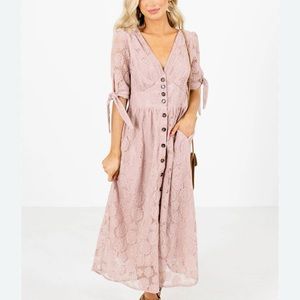 Lace Button-Front Midi Dress, Light Pink, Size Small